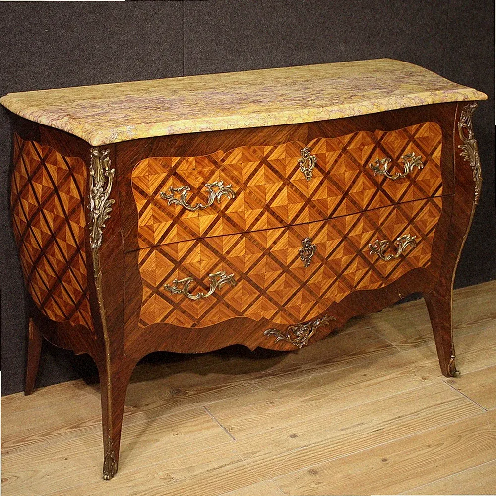 Französisch Kommode Intarsien Möbel Anrichte 2 Schubladen Louis XV Stil Marmor