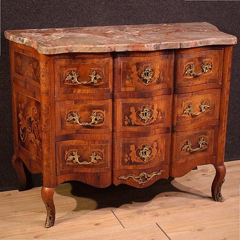 Französisch Kommode Möbel Anrichte Intarsien Marmorplatte Louis XV Stil 900