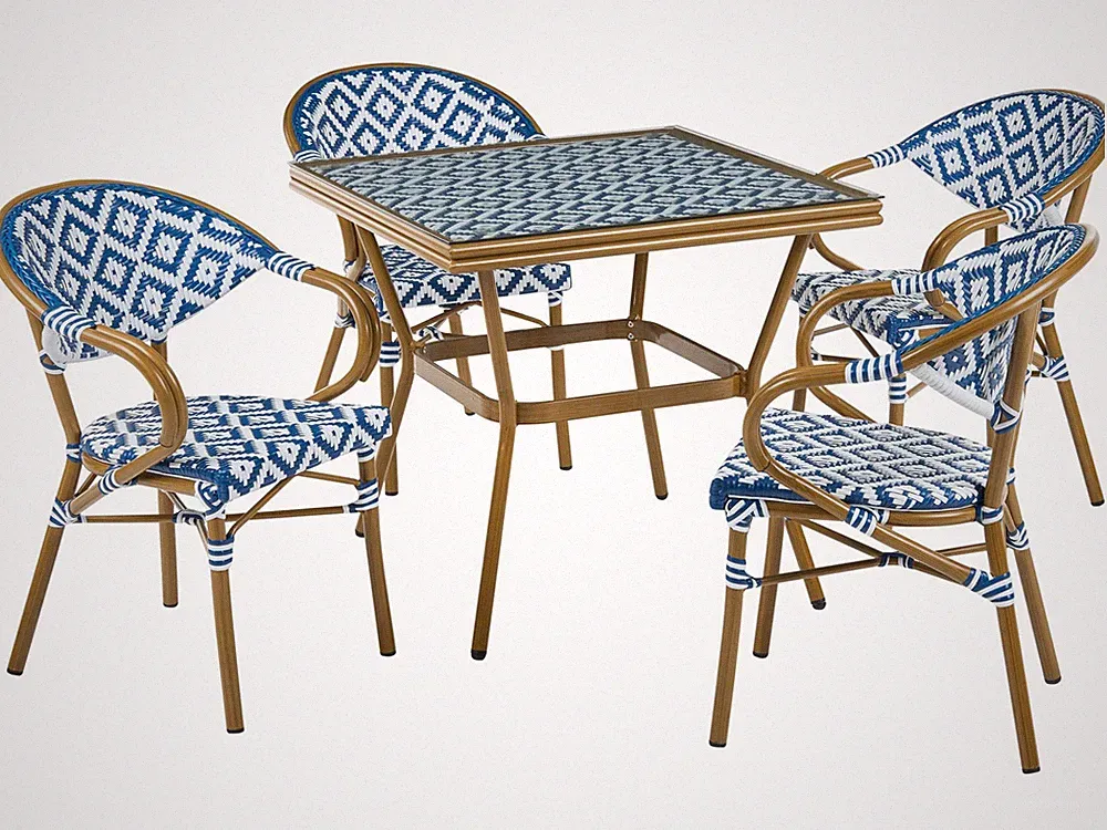 Französisches Gartenmöbel Set Polyrattan blau/weiß Tisch mit Stühlen Caspri