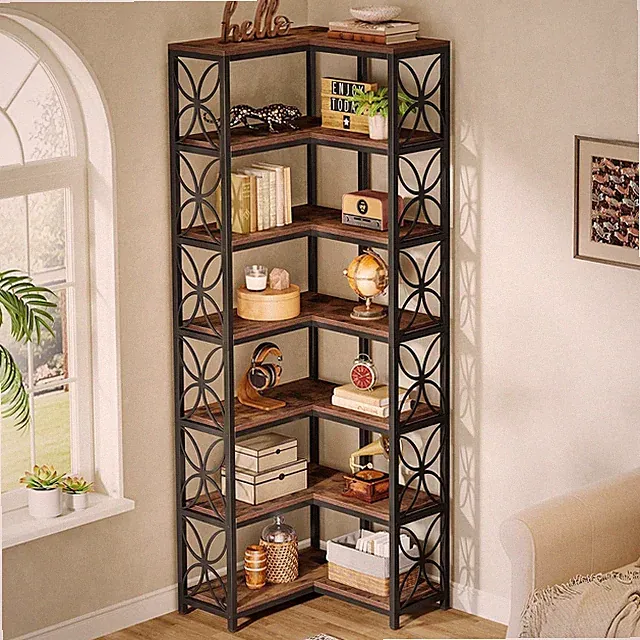 Freistehendes Bücherregal L-förmig,200cm Eckregal aus Holz mit 7 Ebenen für Home