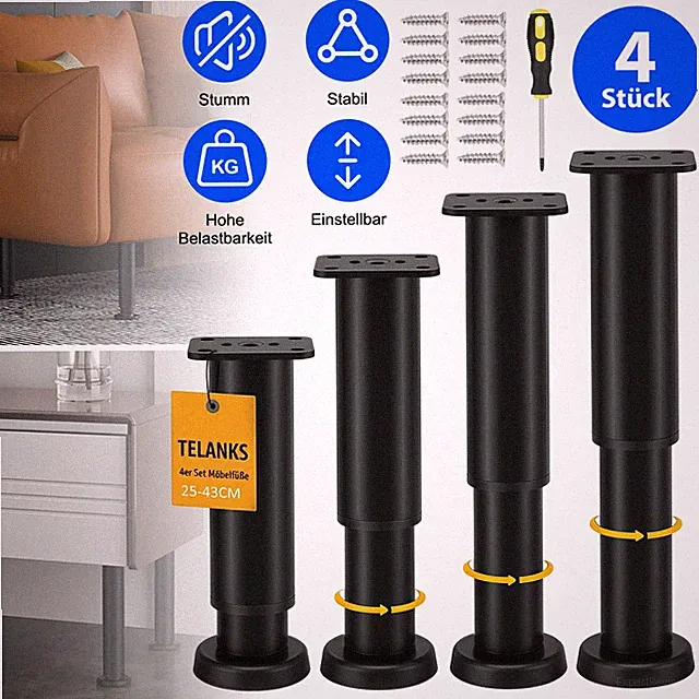 Füsse Möbelfüße Höhenverstellbar Möbelbeine 4stk 25-43cm Schwarz Hochwertige