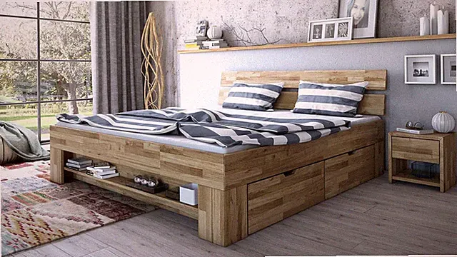 Futonbett Sarah Wildeiche Massivholz Bett mit Schubkästen und Regal 140x200 cm