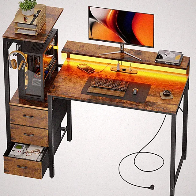 Gamer Tisch mit 3 Schubladen & Monitorständer, Schreibtisch mit LED & Steckdose