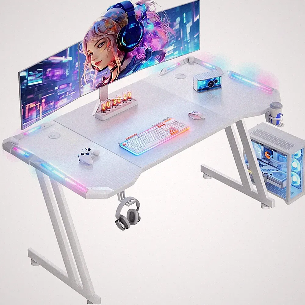 Gaming Schreibtisch 120x60cm mit LED Beleuchtung Z-Shape Weiß Computertisch