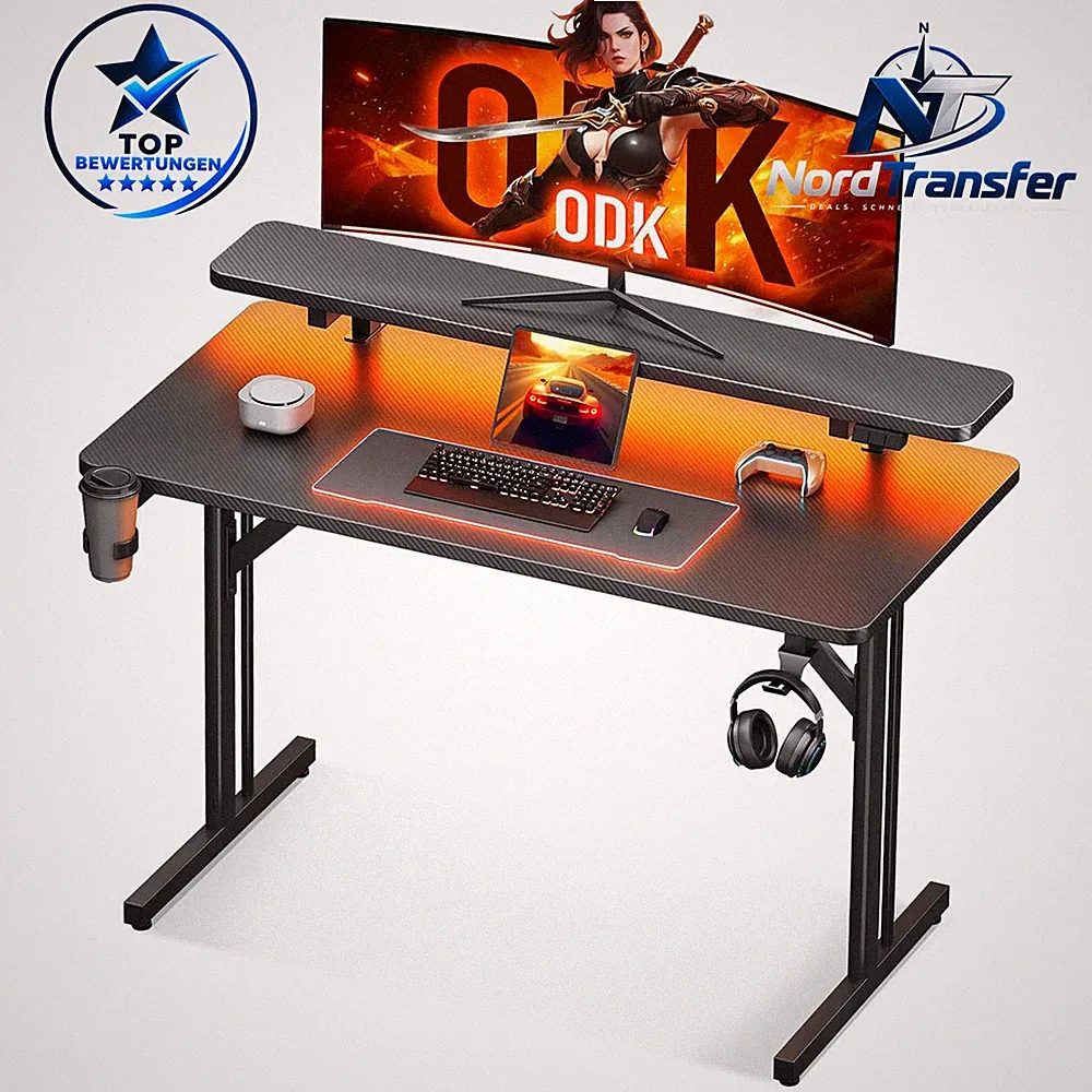 Gaming Schreibtisch 80 cm LED Carbon Fiber Schwarz kompakt für Home Office