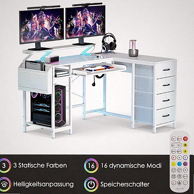 Gaming Schreibtisch Computertisch mit LED Bürotisch Gaming Tisch Ablagefach DE