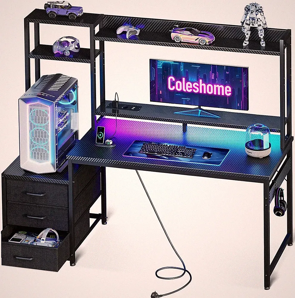 Gaming Schreibtisch mit LED Beleuchtung 120x48 cm Stoffschub
