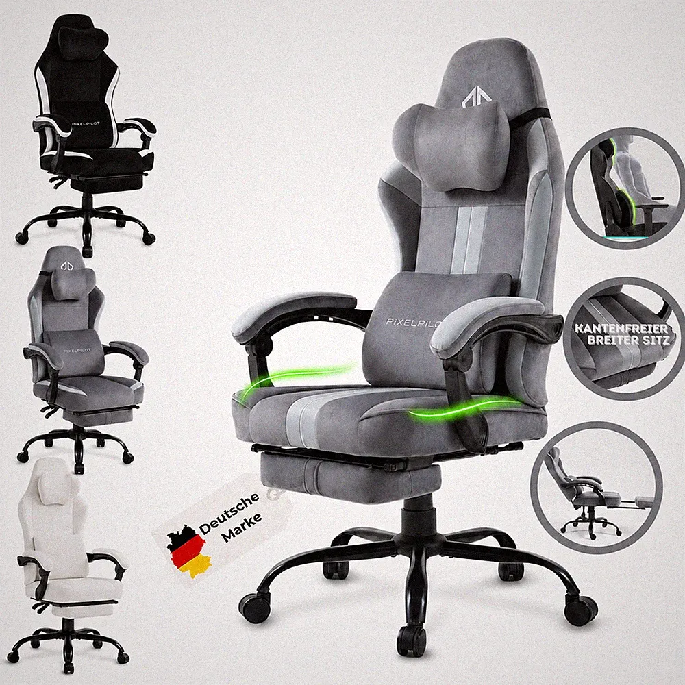 Gaming Stuhl Ergonomisch mit Kopf- & Lendenstütze Fußstütze bis 150kg