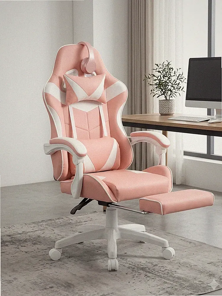 Gaming Stuhl Rosa Weiß Ergonomisch mit Fußstütze Schreibtischstuhl Damen NEU