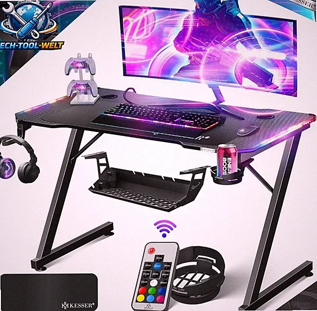 Gaming-Tisch 100x60cm, Z-Form, LED, Kopfhörer- & Getränkehalter, schwarz