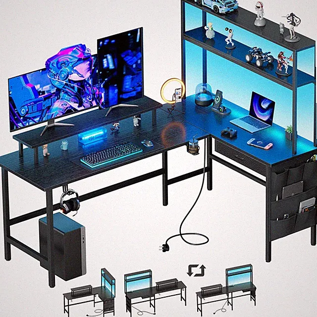 Gaming Tisch L Form mit Schubladen & LED, Echreibtisch mit Steckdosen & Regal