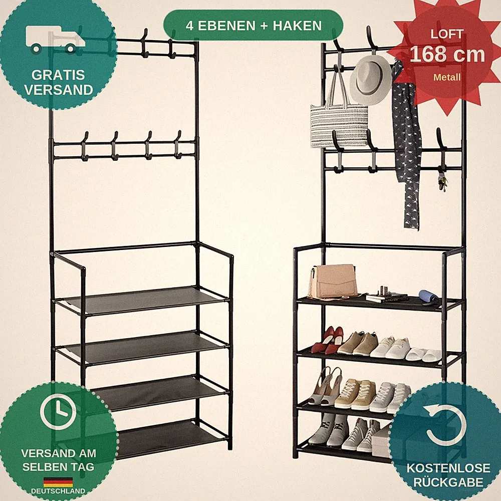 Garderobe Schuhregal Loft 168x60x26 Metall 4 Ablagen + Haken Schwarz Flur