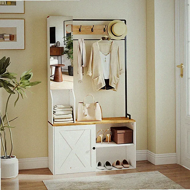 Garderobe Set Hoch 170 cm mit Spiegel und Sitzbank Haken und Schuhschrank Weiß