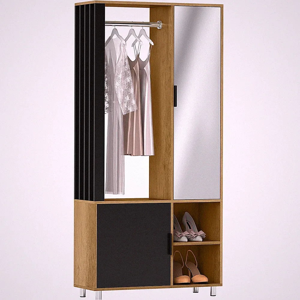 Garderobe Set mit Spiegel, Flurgarderobe mit Kleiderstange Schuhschrank Fächer
