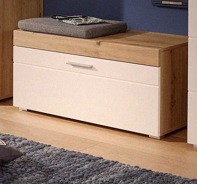 Garderobe Sitzbank in weiß Hochglanz und Eiche Flur Diele Bank 91 x 42 cm Amanda