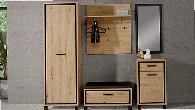 Garderoben Set 5-teilig Trondheim Schrank Schuhbank Paneel Spiegel Artisan Eiche