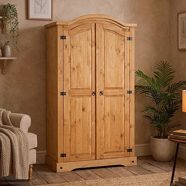 Garderobenschrank mit Kleiderstange aus Kiefer Massivholz im Mexiko Stil