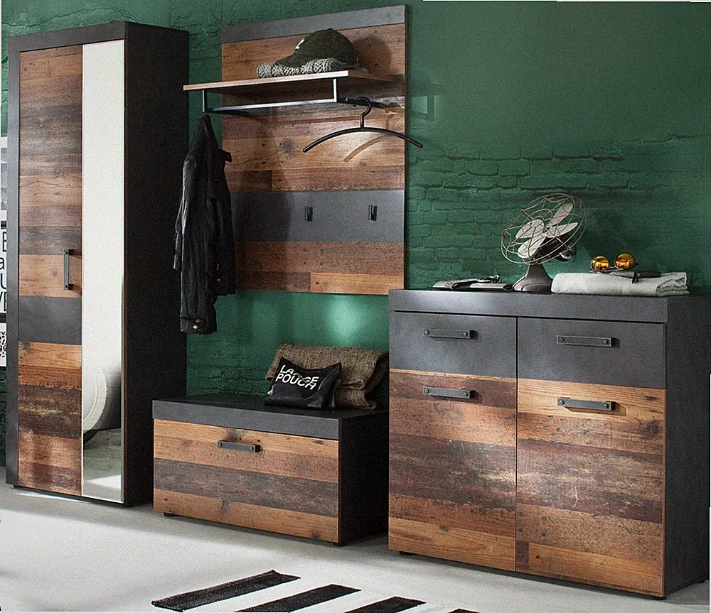 Garderobenset 4 tlg. Flur Garderobe komplett Set in Used Wood Schuhschrank Indy
