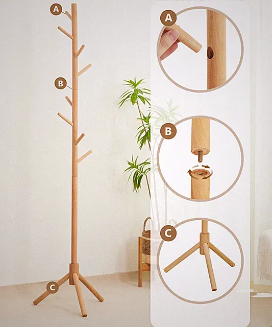 Garderobenständer aus holz, Kleiderständer mit 8 Haken, Garderobe 174cm