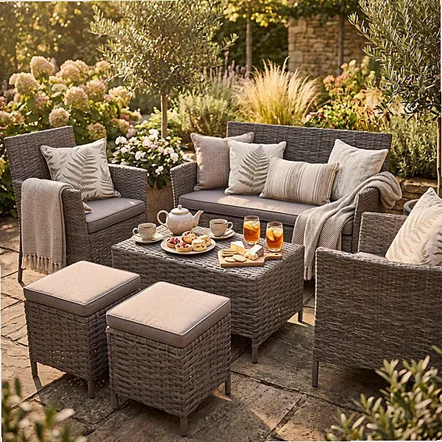 GARMIO® Poly Rattan Sitzgarnitur Family Gartenmöbel Essgruppe Lounge Sitzgruppe