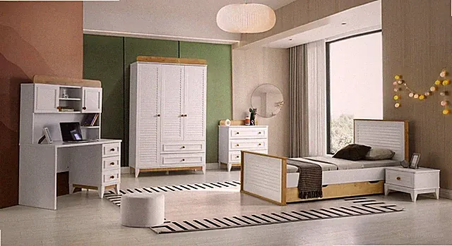 Garnitur Kinderzimmer Bett Kinderbett Kindermöbel Weiß Holz Set 5tlg