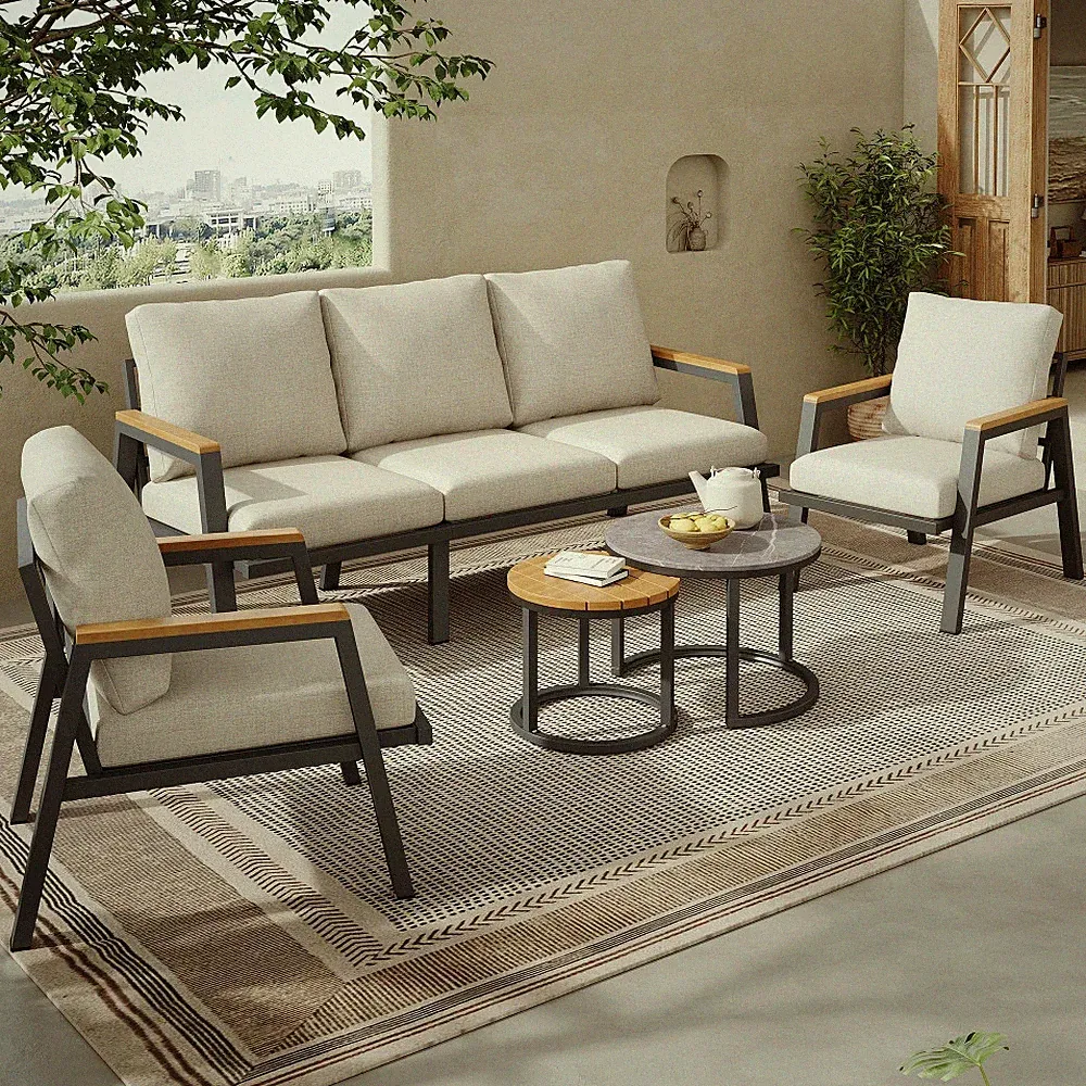 Garten-Lounge Marmor-Glas Sofa Sessel Tisch XL Set Polyrattan Gartenmöbel