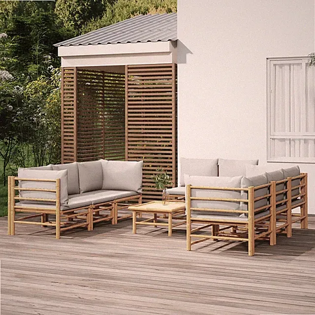 Garten-Lounge-Set Bambus Tisch Ecksofa Fußhocker Bank mit Kissen Gartenmöbel