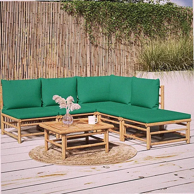 Garten Lounge Set mit Kissen Bambus Tisch Ecksofa Fußhocker Bank Gartenmöbel
