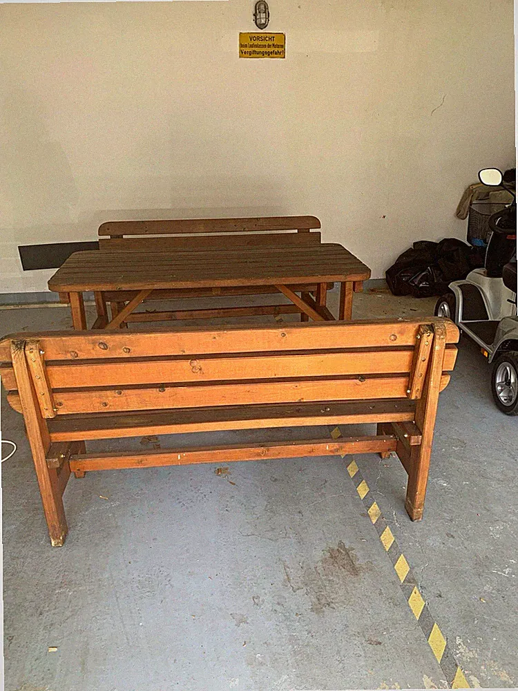 Garten Sitzgruppe Holz braun 3-teilig: rechteckiger Tisch + 2 Bänke Rückenlehne