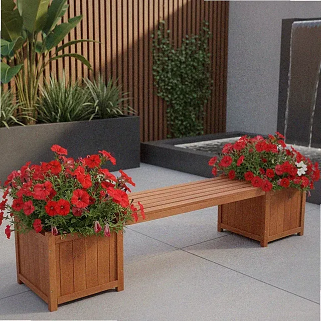 Gartenbank Braun mit 2 Blumenkästen Holz Parkbank Holzbank Sitzbank Eckbank
