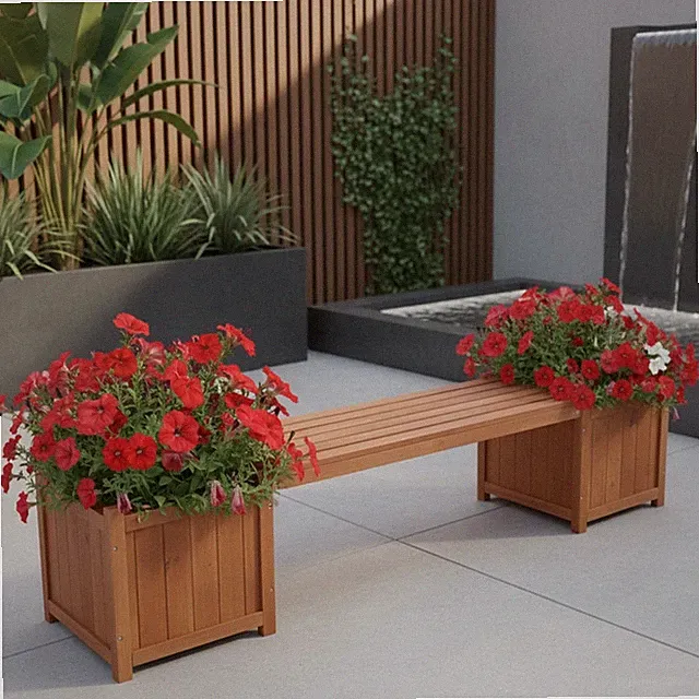 Gartenbank Braun mit 2 Blumenkästen Holz Parkbank Holzbank Sitzbank Eckbank