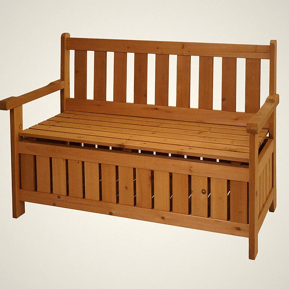 Gartenbank HWC-L68 mit Stauraum, Sitzbank Fach, Outdoor Holz 114cm, braun