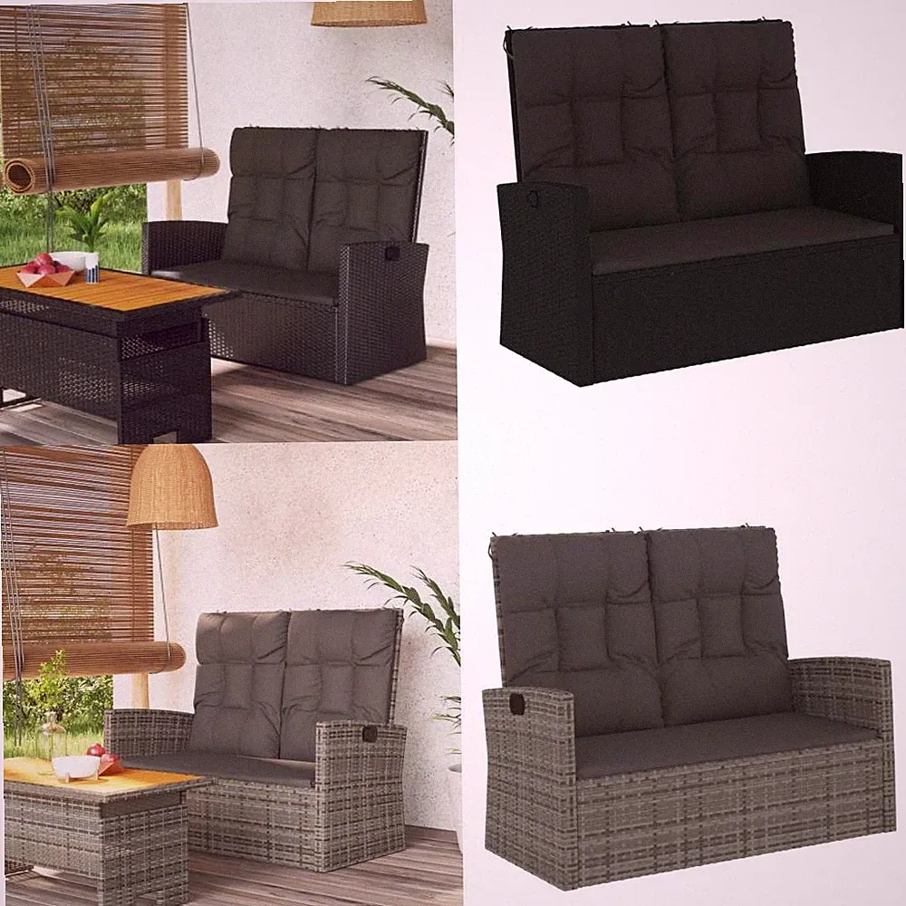 Gartenbank Liegefunktion Kissen Poly Rattan Gartenmöbel Grau/Schwarz vidaXL