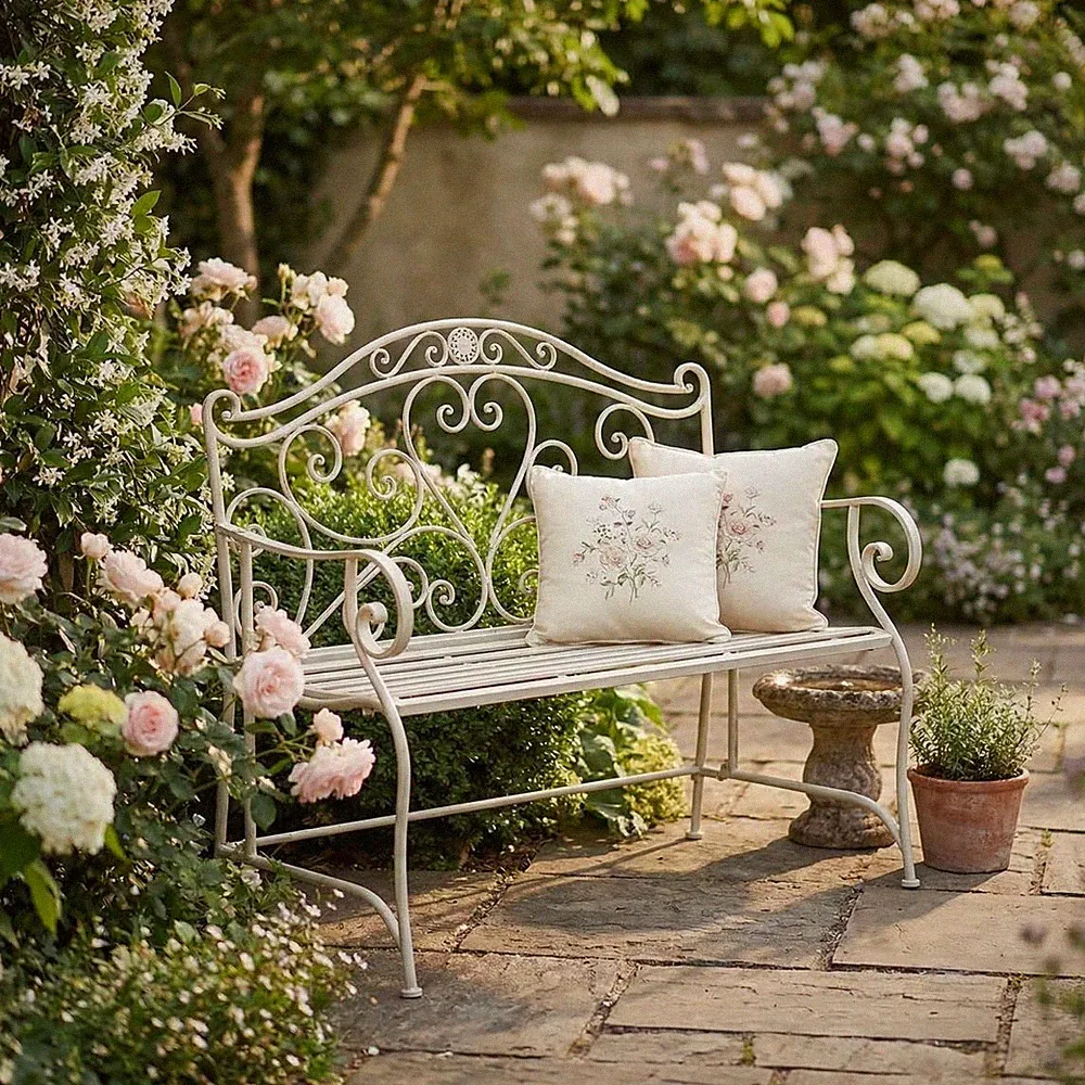 Gartenbank Metall Antikweiß Vintage Landhaus Shabby Chic Sitzbank 128cm Nostalg