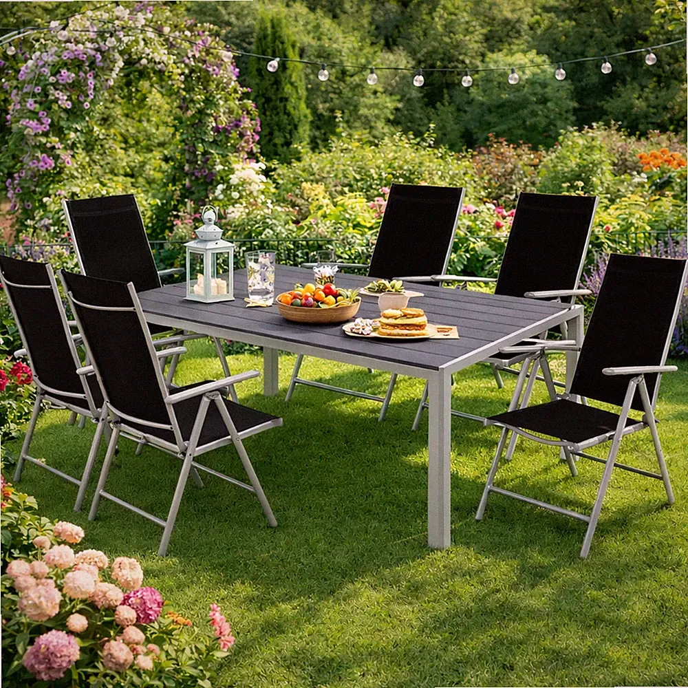 Gartengarnitur 7-tlg Gartenmöbel Set Alu Non-Wood 180x90x74cm + 6 Klappstühle