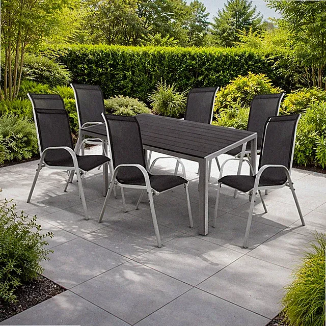 Gartengarnitur 7tlg Gartenmöbel Set Alu Non-Wood 180x90cm + 6 Stapelstühlen
