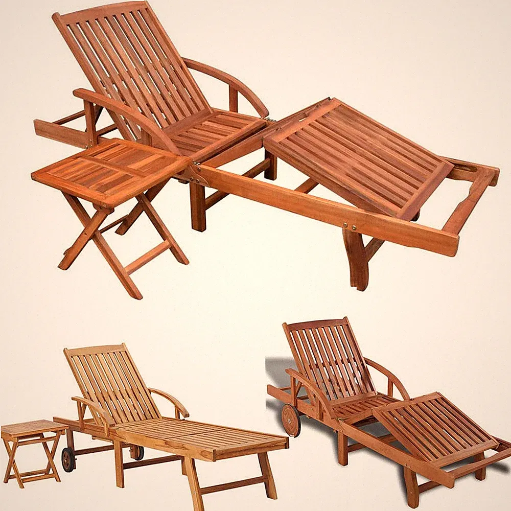 Gartenliege Sonnenliege Deckchair Gartenmöbel mit Tisch/Rädern Liegestuhl Holz
