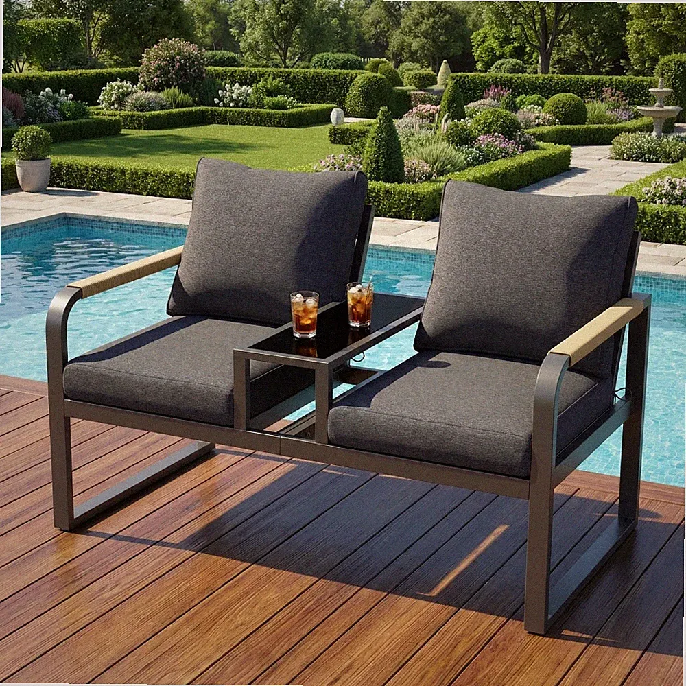 Gartenmöbel 2-Sitzer Sofa Außenbereich Eisen Glasplatte Industriestil