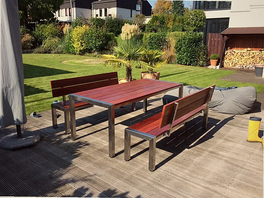 Gartenmöbel Edelstahl "Cumaru" Tisch 90x200cm ,2x Bank mit Lehne 180cm