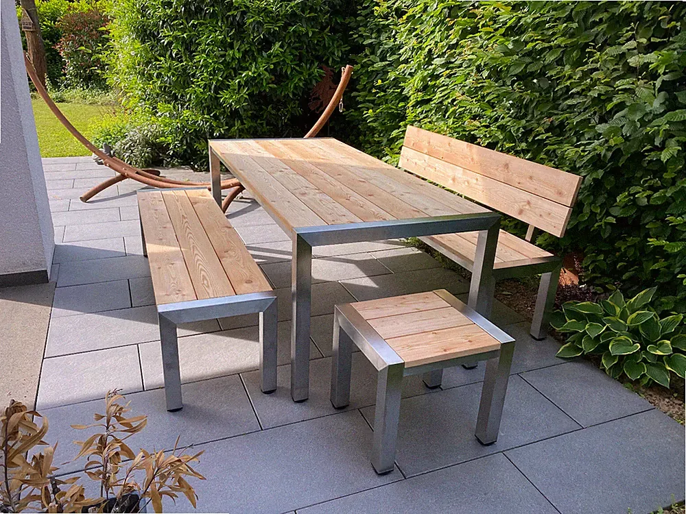 Gartenmöbel Edelstahl "Gebirgs-Lärche" Tisch 90x200cm ,2x Bank mit Lehne 180cm