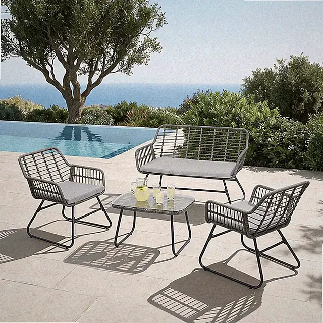 Gartenmöbel Loungeset Beistelltisch Polyrattan Schwarz Grau