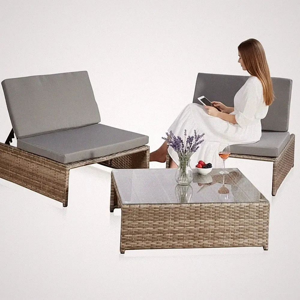 Gartenmöbel Sessel Sitzgarnitur + Tisch Gartenset Lounge Poly Rattan Grau