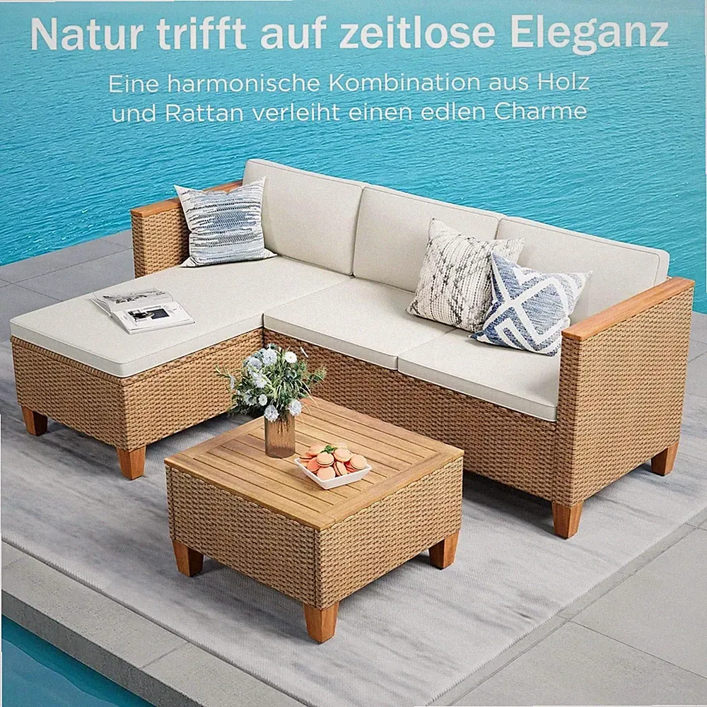 Gartenmöbel Set 4 Personen wetterfest Balkonmöbel-Set mit 2er Rattan Sofa Sessel