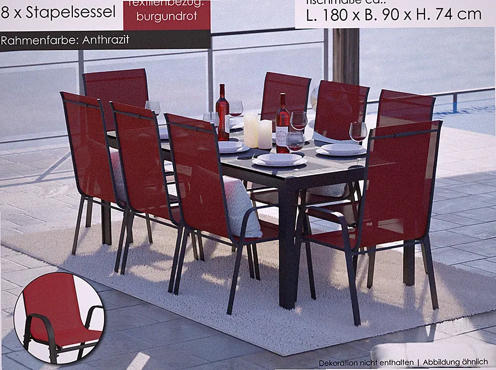 Gartenmöbel Set 9-tlg. Alu Tisch 8x Stapelsessel Essgruppe Gartenset Sitzgruppe