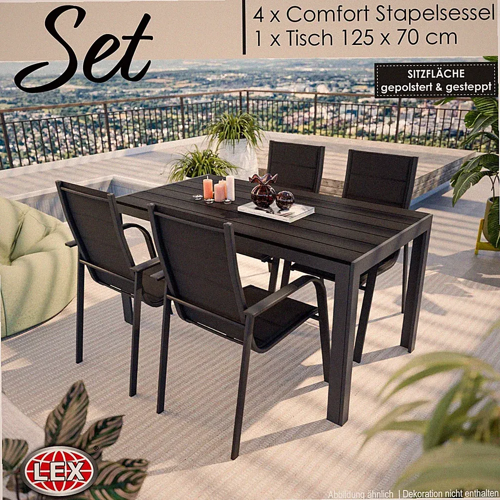 Gartenmöbel Set Alu Tisch 5-tlg. 4x Stapelsessel Gartenset Sitzgruppe anthrazit