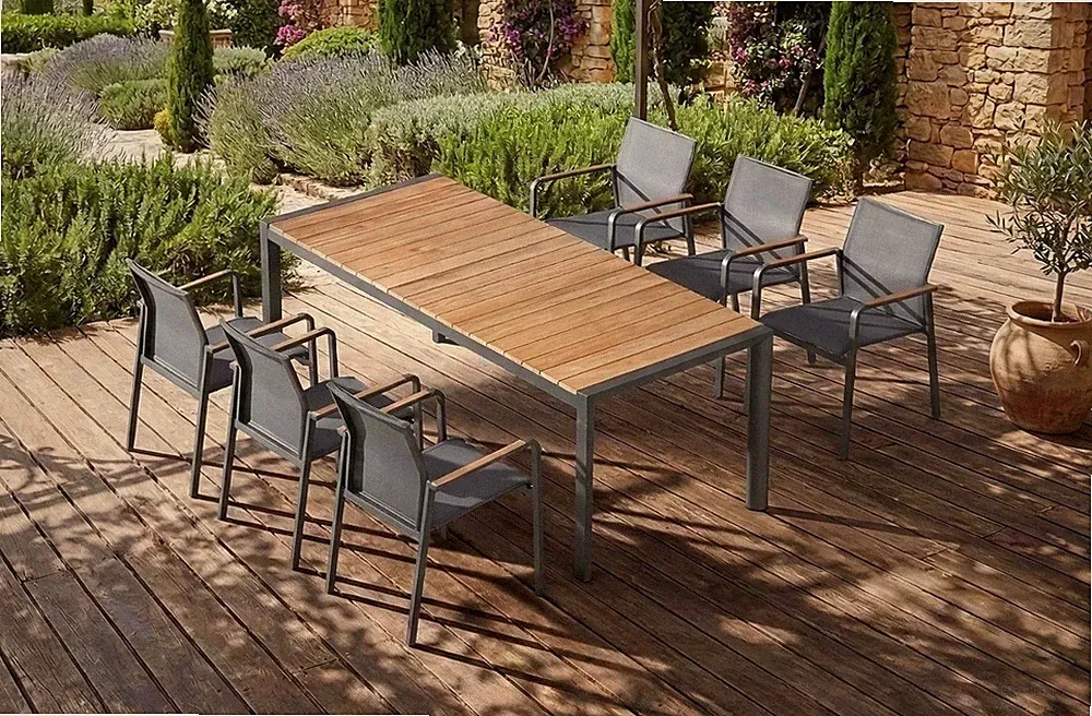 Gartenmöbel Set Essgruppe Teak Alu 7-tlg 210x90cm 6 Person Gartenganitur