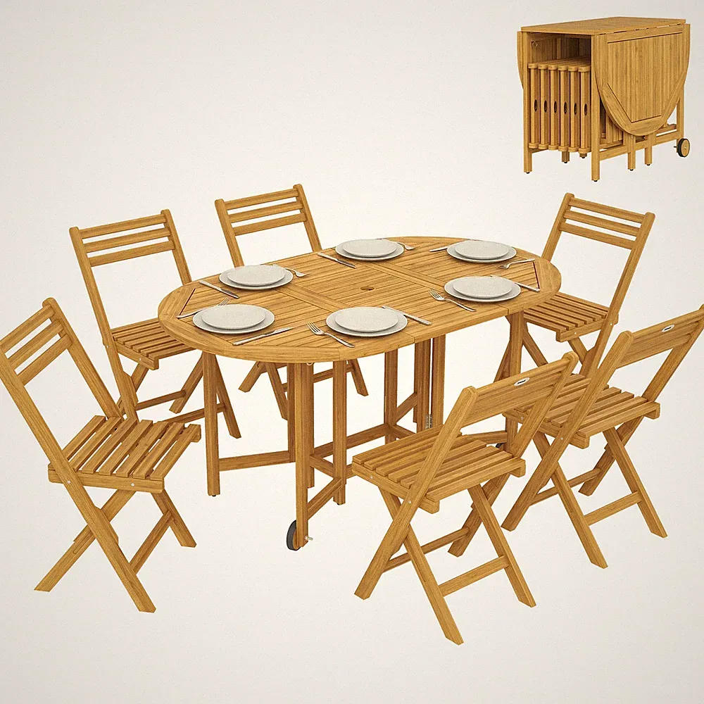 Gartenmöbel Set FSC Holz Sitzgruppe 7-teilig Klappbar Tisch mit 6 Klappstühlen