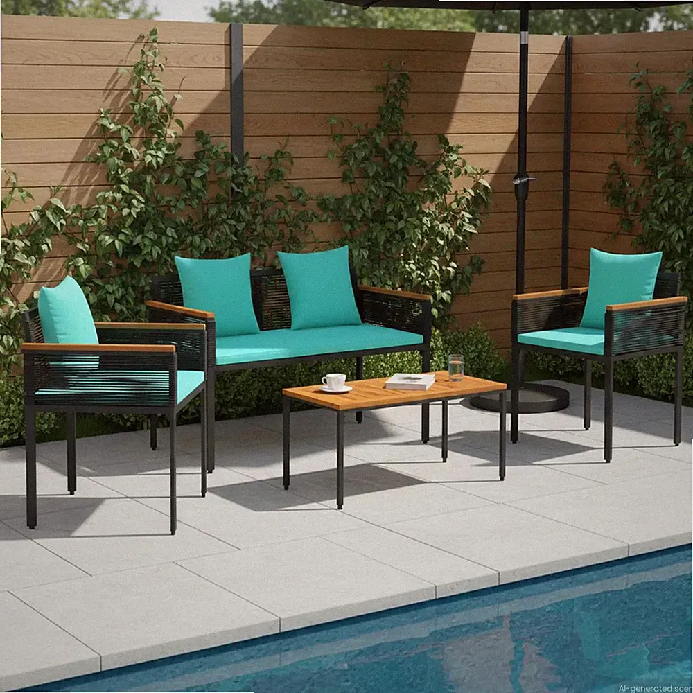 Gartenmöbel Set mit Kissen Schwarz und Türkis Poly-Rattan