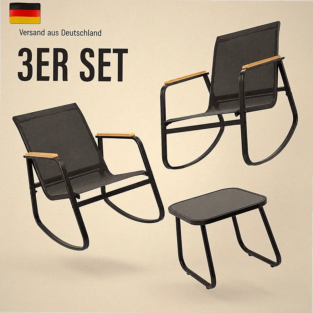 Gartenmöbel Set Schaukelstuhl Balkonmöbel 3 teilig Schwarz
