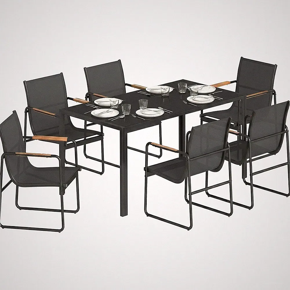 Gartenmöbel Set Sitzgruppe 150 x 80cm Glastisch mit 6 Atmungsaktiven Stühlen